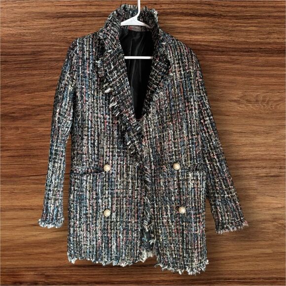 SANS SOUCI Womens sz S Tweed Metallic Fringe Woven Pearly Button Blazer Preppy - Picture 6 of 7